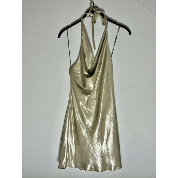 Zara Satin Bodycon Dress Spaghetti Strap Backless Cami gold Metallic Mini Dress - Picture 7 of 9